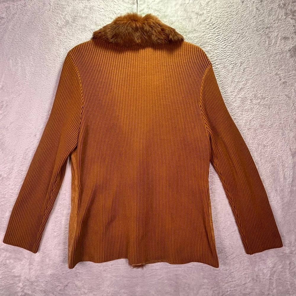 Nygard Women Jacket L Brown Suede Rabbit Fur Trim Ribbed Knit Toggle Closure - Picture 3 of 7